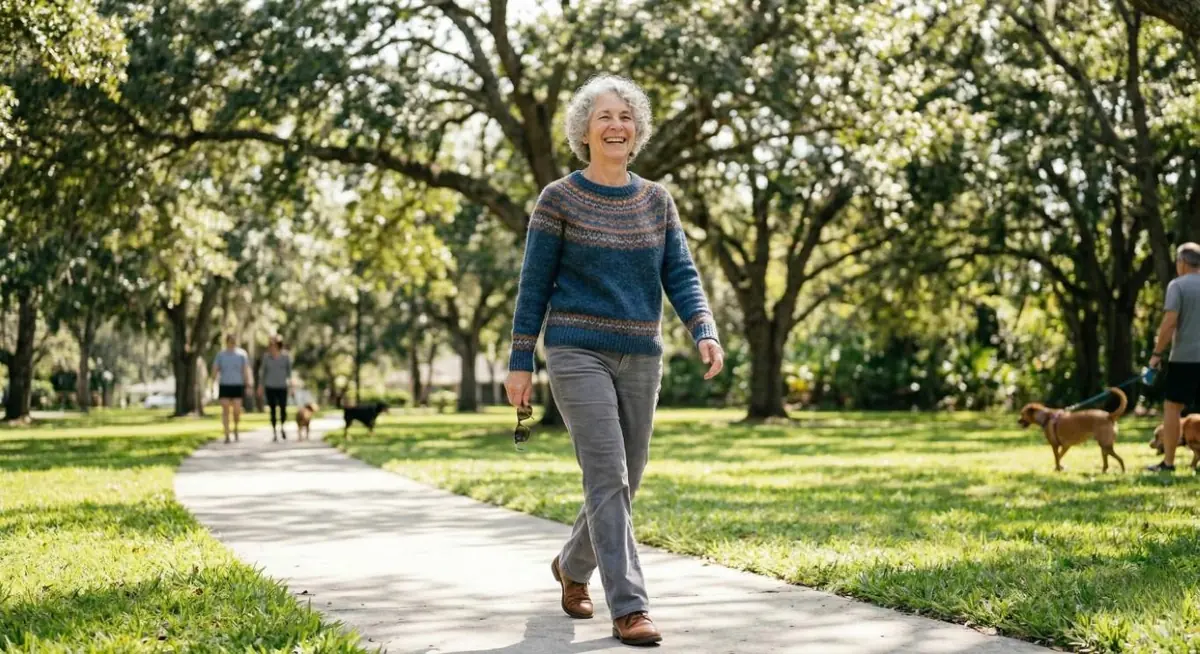 A woman walking along a path in a leafy park