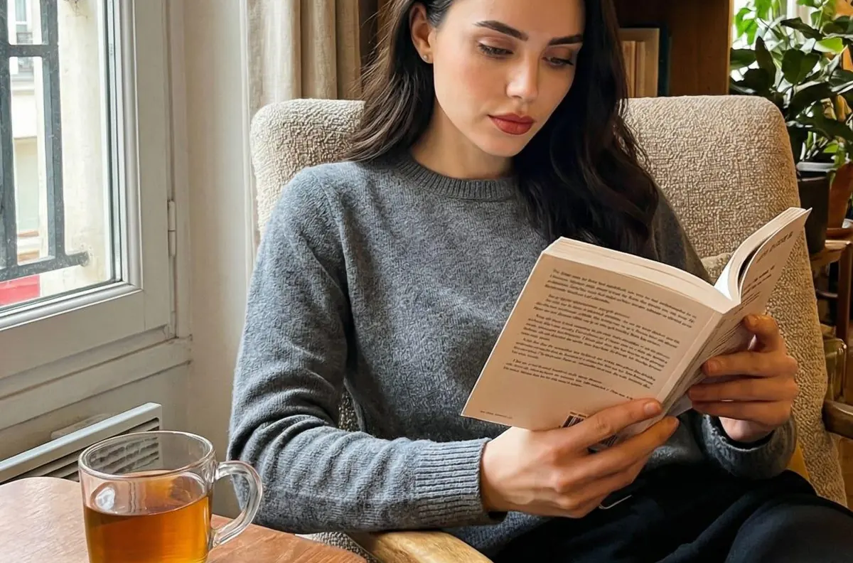 A woman reading in an armchair with a cup of tea