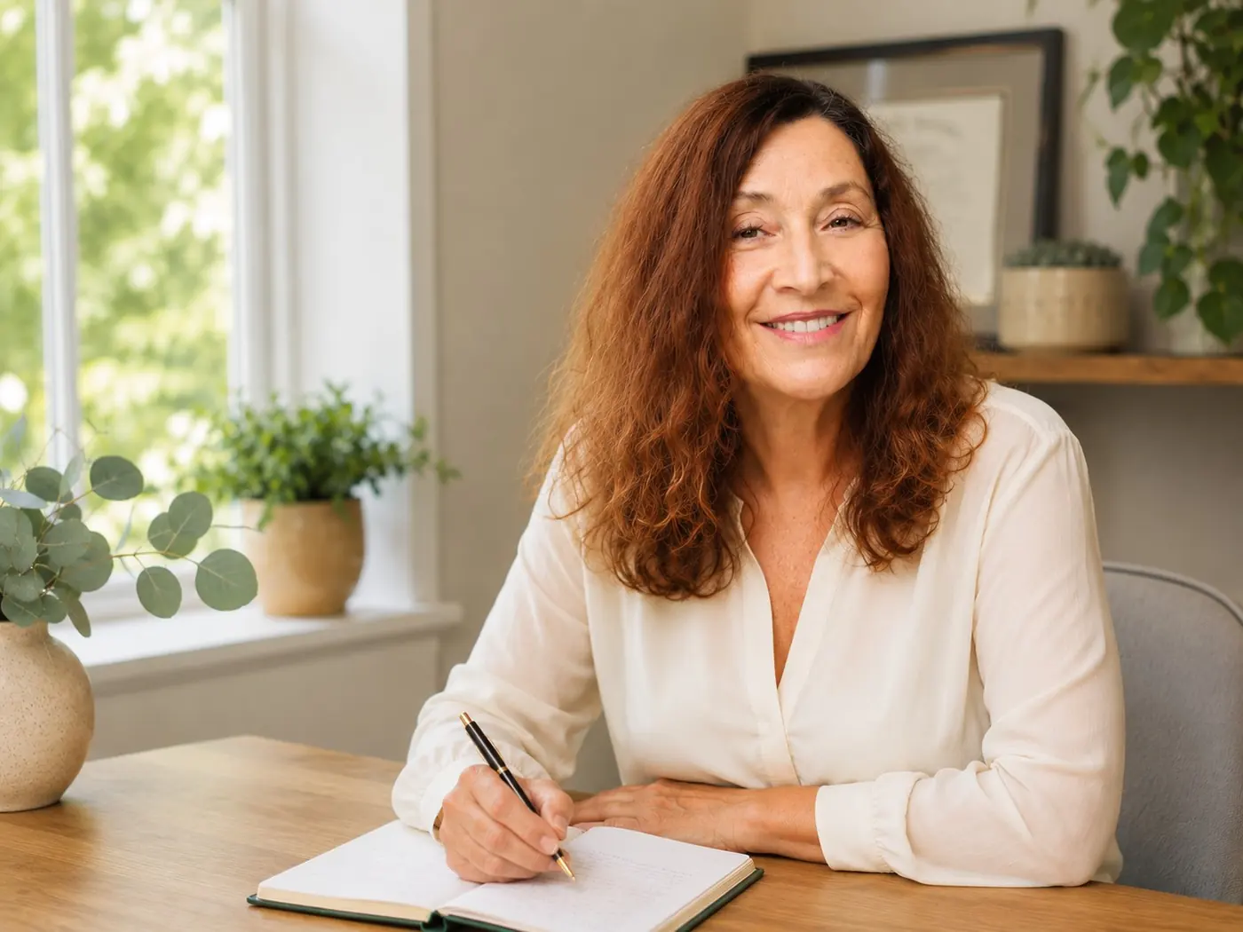 Dr. Laara Van Bryce writing at her desk by a bright window
