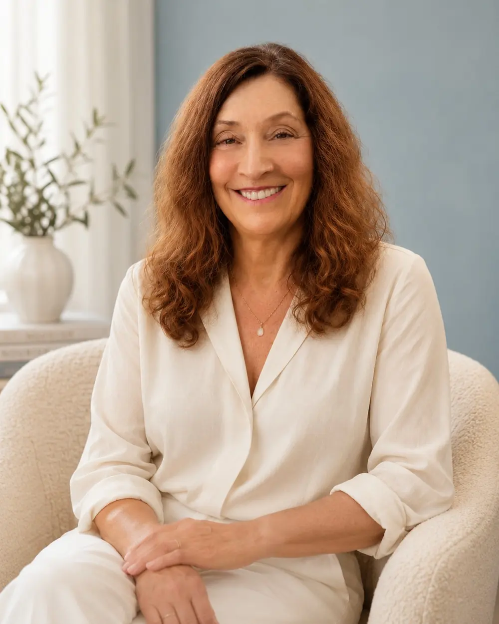Dr. Laara Van Bryce, smiling, seated in an ivory armchair in a calm, plant-filled room
